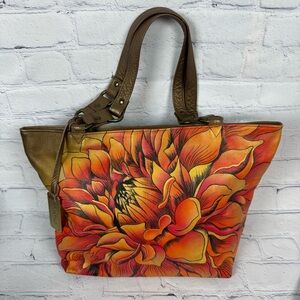 Anuschka Dreamy Dahlia Handpainted Leather Shoulder Bag Large Tote Bronze RARE